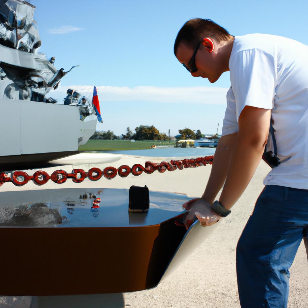 Person examining naval armament display