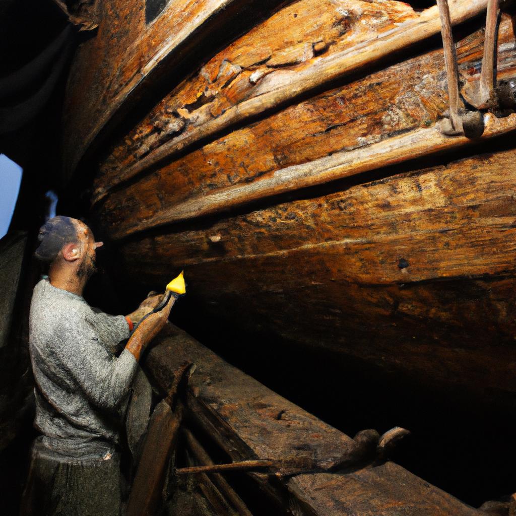 Person restoring museum ship artifacts