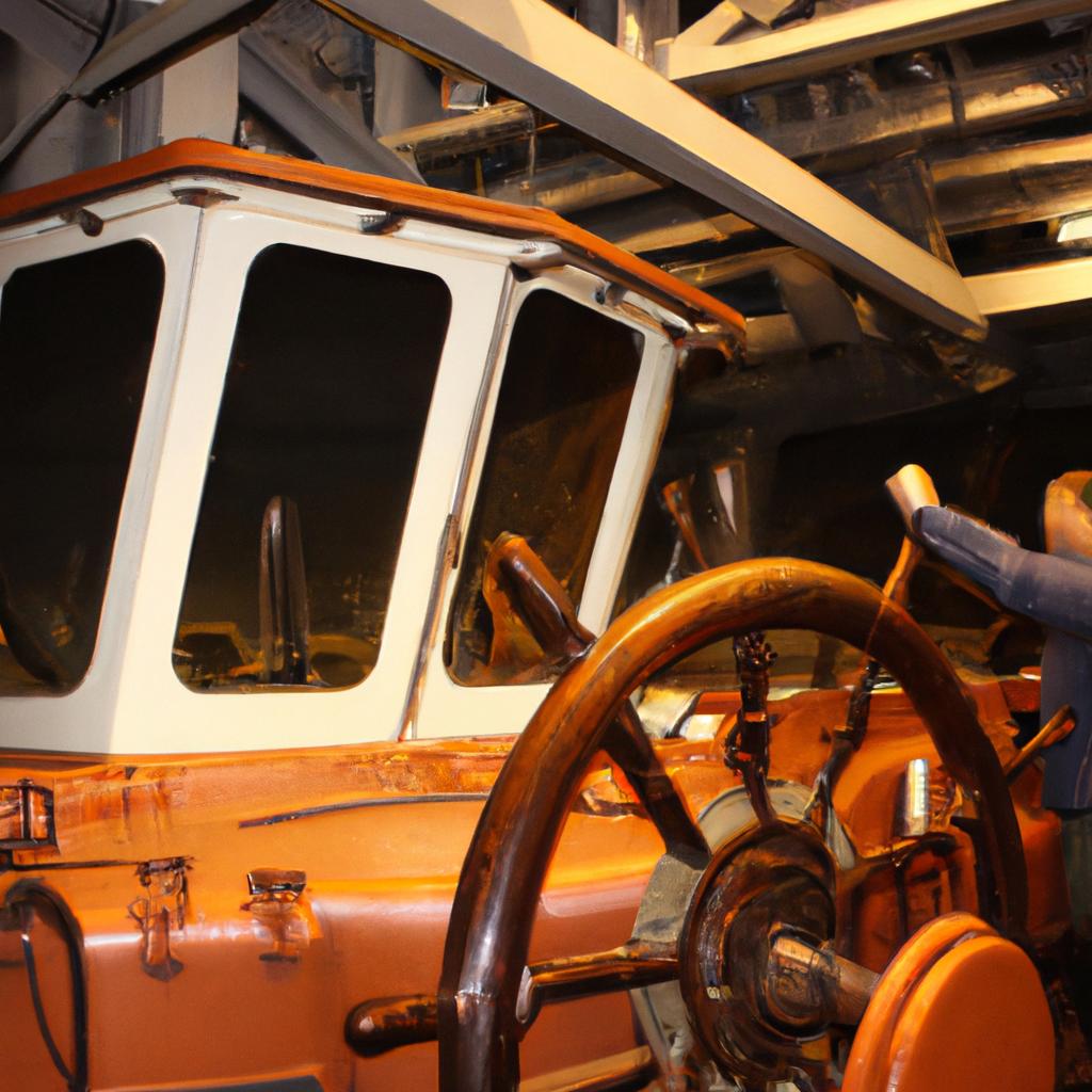 Person operating tugboat in museum